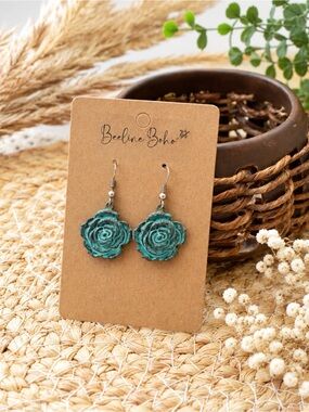 Boho Patina Rose Earrings Turquoise Floral Cottagecore Western